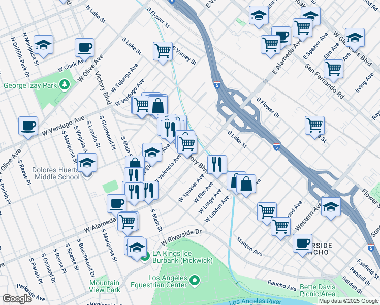 map of restaurants, bars, coffee shops, grocery stores, and more near in Burbank