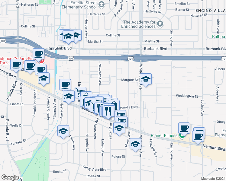 map of restaurants, bars, coffee shops, grocery stores, and more near 5315 Zelzah Avenue in Los Angeles