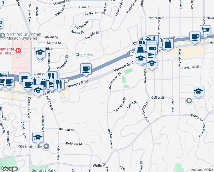 map of restaurants, bars, coffee shops, grocery stores, and more near 5323 Del Moreno Drive in Los Angeles