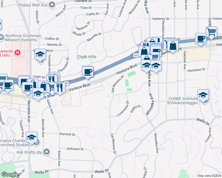 map of restaurants, bars, coffee shops, grocery stores, and more near 5323 Del Moreno Drive in Los Angeles
