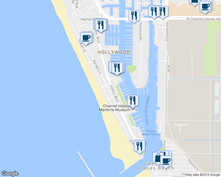 map of restaurants, bars, coffee shops, grocery stores, and more near 3644 Sunset Lane in Oxnard