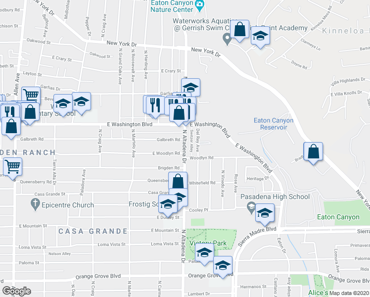 map of restaurants, bars, coffee shops, grocery stores, and more near 1230 North Altadena Drive in Pasadena