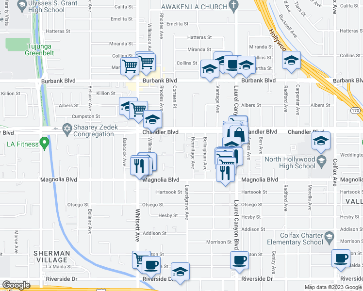 map of restaurants, bars, coffee shops, grocery stores, and more near 5320 Corteen Place in Valley Village