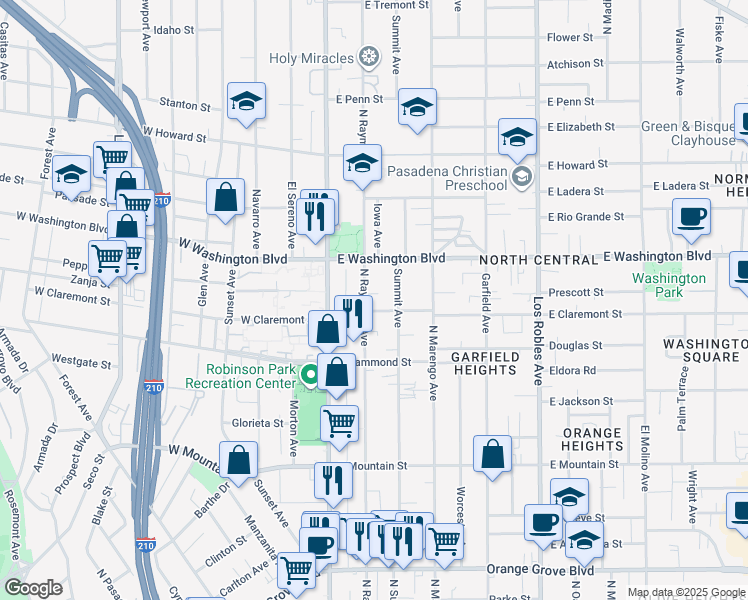 map of restaurants, bars, coffee shops, grocery stores, and more near 1254 North Raymond Avenue in Pasadena