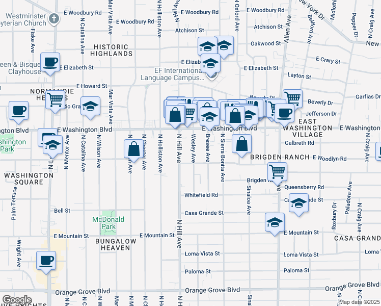 map of restaurants, bars, coffee shops, grocery stores, and more near 1233 Wesley Avenue in Pasadena