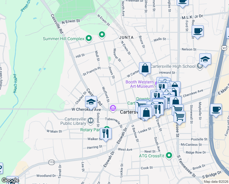 map of restaurants, bars, coffee shops, grocery stores, and more near 18 Jones Street in Cartersville