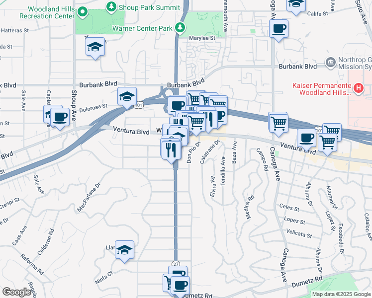 map of restaurants, bars, coffee shops, grocery stores, and more near 5331 Don Pio Drive in Los Angeles