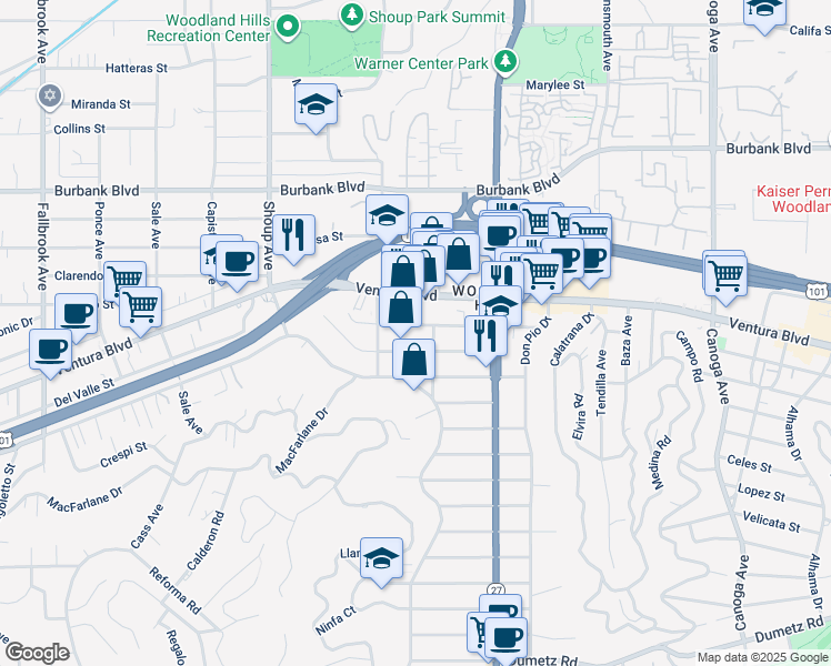 map of restaurants, bars, coffee shops, grocery stores, and more near 22120 Costanso Street in Los Angeles