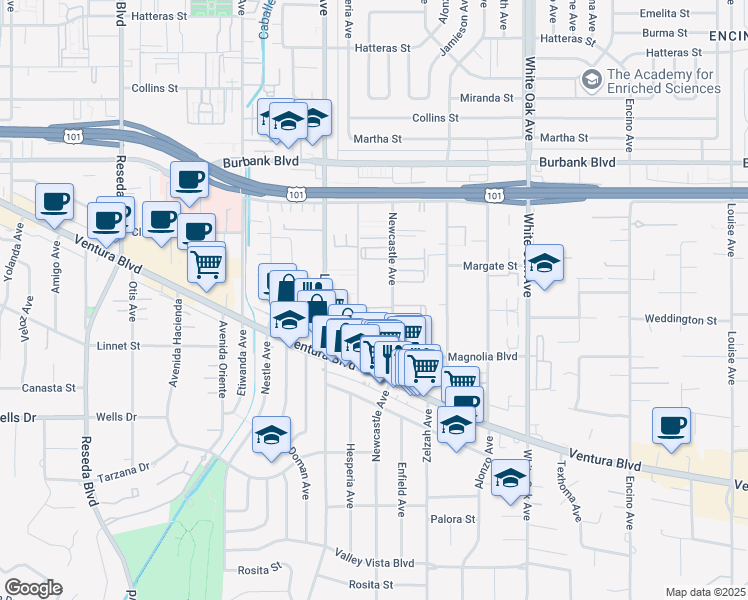 map of restaurants, bars, coffee shops, grocery stores, and more near 5325 Newcastle Avenue in Los Angeles