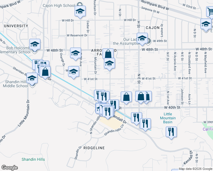 map of restaurants, bars, coffee shops, grocery stores, and more near 4044 North 3rd Avenue in San Bernardino County