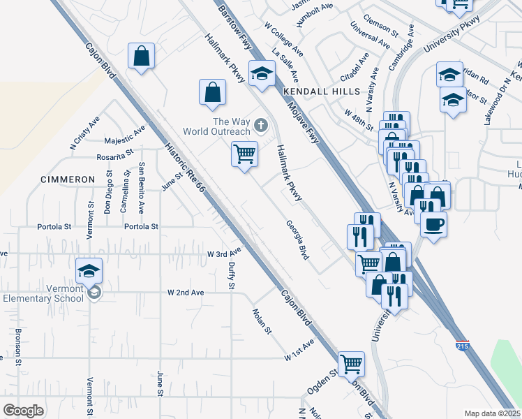 map of restaurants, bars, coffee shops, grocery stores, and more near 4062-4098 Georgia Boulevard in San Bernardino