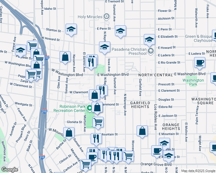 map of restaurants, bars, coffee shops, grocery stores, and more near 101 East Claremont Street in Pasadena