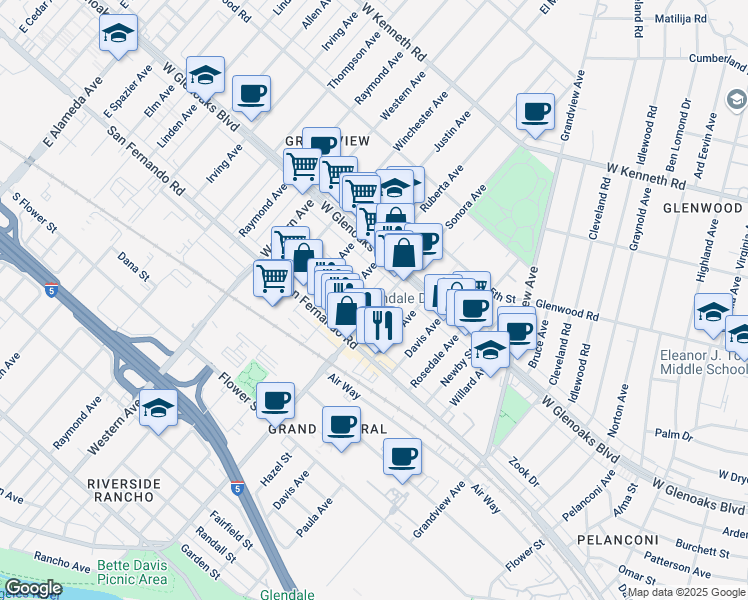 map of restaurants, bars, coffee shops, grocery stores, and more near 1034 Sonora Avenue in Glendale