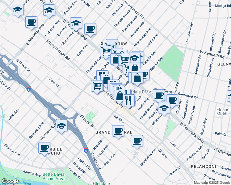 map of restaurants, bars, coffee shops, grocery stores, and more near 1012 Ruberta Avenue in Glendale