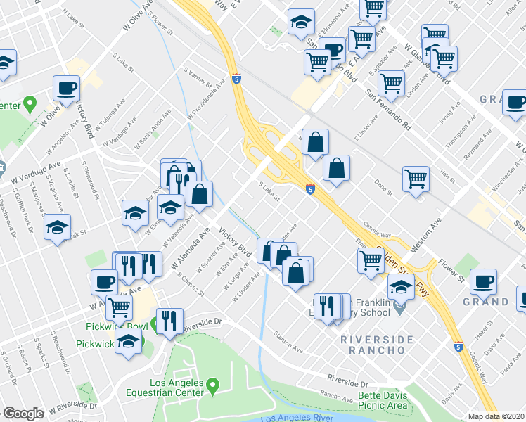 map of restaurants, bars, coffee shops, grocery stores, and more near 221 West Elm Avenue in Burbank