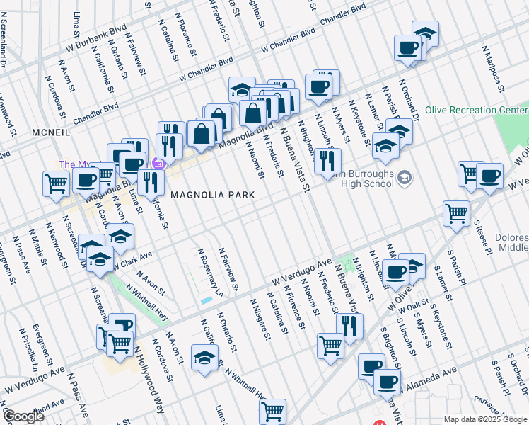 map of restaurants, bars, coffee shops, grocery stores, and more near 529 North Naomi Street in Burbank