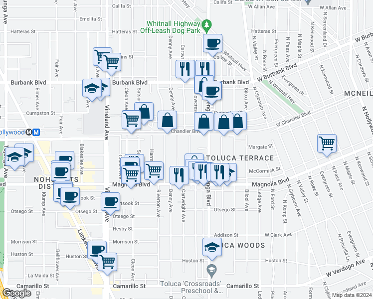 map of restaurants, bars, coffee shops, grocery stores, and more near 5309 Cartwright Avenue in Los Angeles