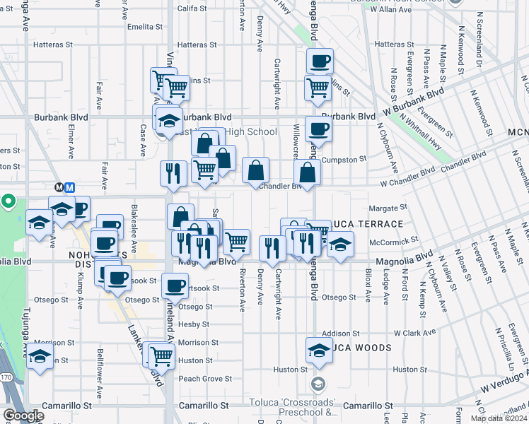 map of restaurants, bars, coffee shops, grocery stores, and more near 5314 Riverton Avenue in Los Angeles