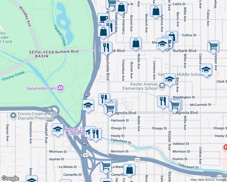 map of restaurants, bars, coffee shops, grocery stores, and more near 5308 Sepulveda Boulevard in Los Angeles