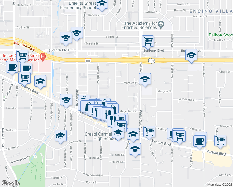 map of restaurants, bars, coffee shops, grocery stores, and more near 5255 Zelzah Avenue in Los Angeles