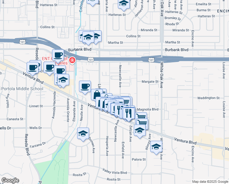map of restaurants, bars, coffee shops, grocery stores, and more near 5301 Newcastle Avenue in Los Angeles