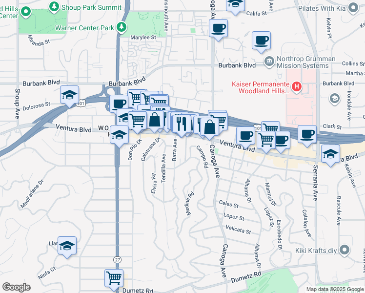 map of restaurants, bars, coffee shops, grocery stores, and more near 5344 Baza Avenue in Los Angeles