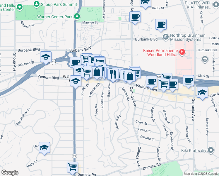 map of restaurants, bars, coffee shops, grocery stores, and more near 5344 Baza Avenue in Los Angeles