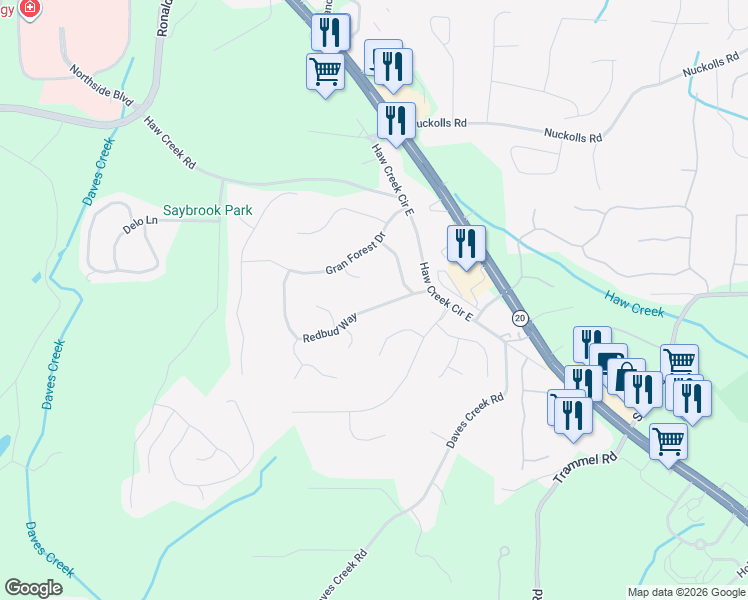 map of restaurants, bars, coffee shops, grocery stores, and more near 1435 Redbud Way in Cumming