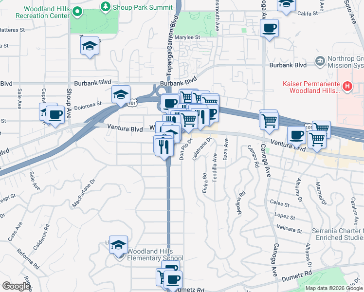 map of restaurants, bars, coffee shops, grocery stores, and more near 5353 Don Pio Drive in Los Angeles