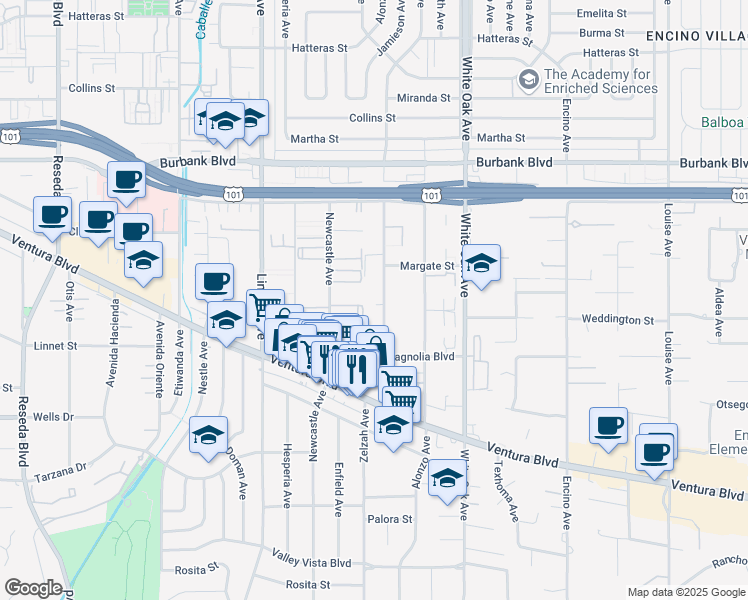 map of restaurants, bars, coffee shops, grocery stores, and more near 5315 Zelzah Avenue in Los Angeles