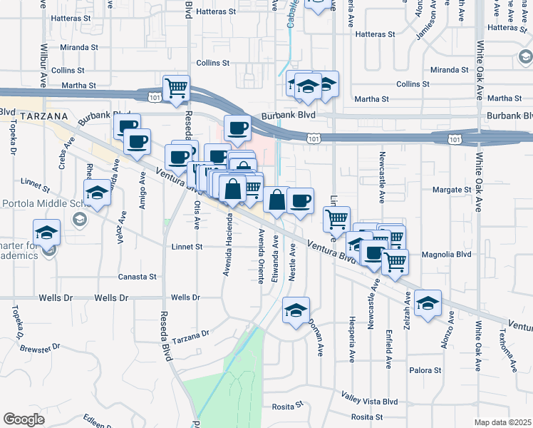 map of restaurants, bars, coffee shops, grocery stores, and more near in Los Angeles