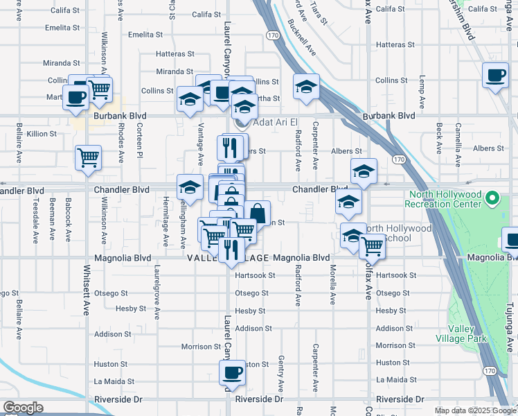 map of restaurants, bars, coffee shops, grocery stores, and more near 5308 Agnes Avenue in Los Angeles