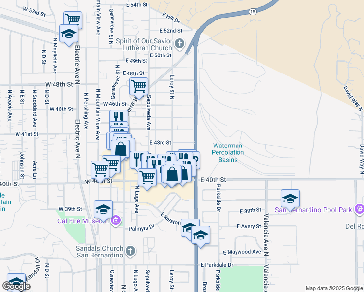 map of restaurants, bars, coffee shops, grocery stores, and more near 267 East 43rd Street in San Bernardino