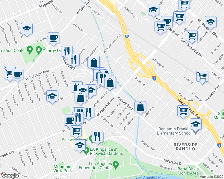 map of restaurants, bars, coffee shops, grocery stores, and more near 295 West Alameda Avenue in Burbank