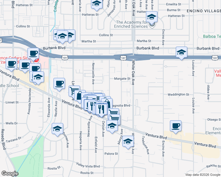 map of restaurants, bars, coffee shops, grocery stores, and more near 5255 Zelzah Avenue in Los Angeles
