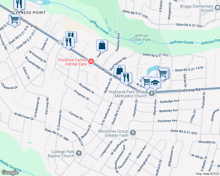 map of restaurants, bars, coffee shops, grocery stores, and more near 1600 Bellevue Drive in Florence