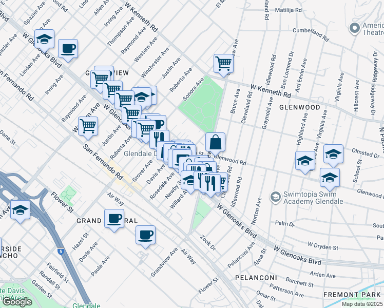 map of restaurants, bars, coffee shops, grocery stores, and more near 1312 5th Street in Glendale