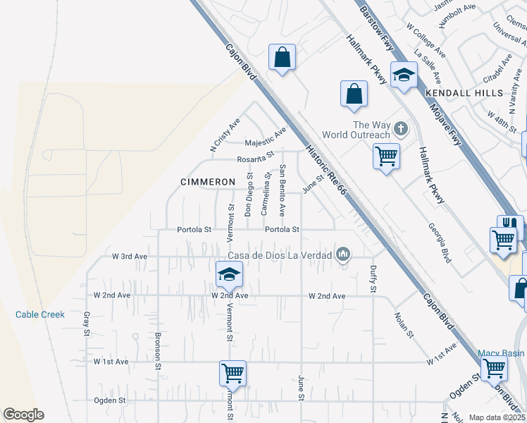map of restaurants, bars, coffee shops, grocery stores, and more near 3930 Carmelina Street in Muscoy