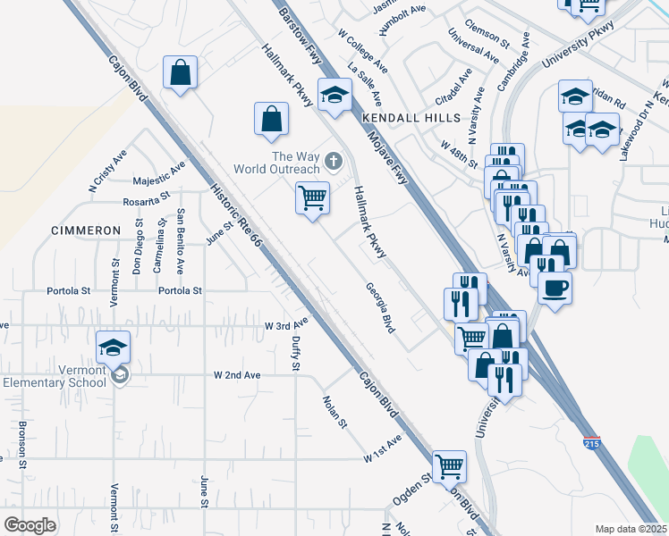 map of restaurants, bars, coffee shops, grocery stores, and more near 4382 Georgia Boulevard in San Bernardino