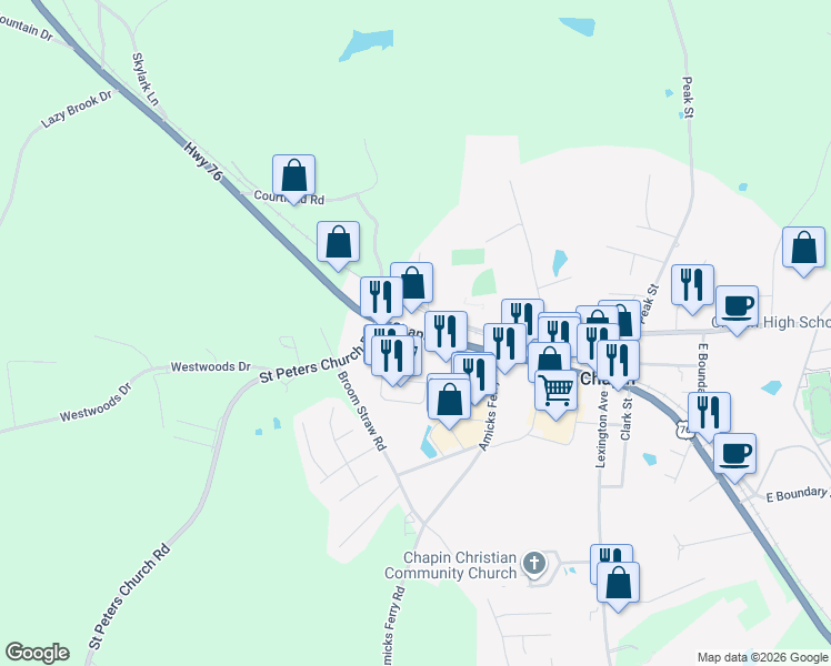 map of restaurants, bars, coffee shops, grocery stores, and more near Chapin Road in Chapin