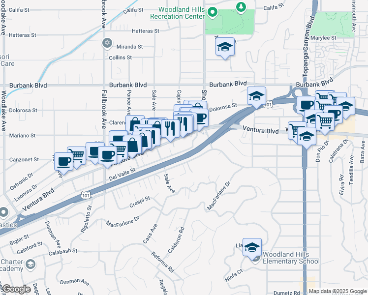 map of restaurants, bars, coffee shops, grocery stores, and more near 22423 Del Valle Street in Los Angeles