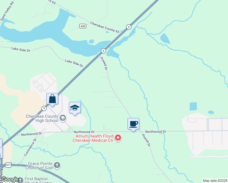 map of restaurants, bars, coffee shops, grocery stores, and more near County Road 65 in Centre