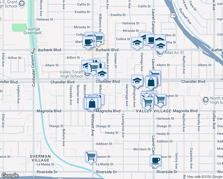 map of restaurants, bars, coffee shops, grocery stores, and more near 5331 Corteen Place in Los Angeles
