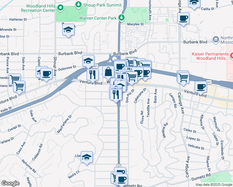 map of restaurants, bars, coffee shops, grocery stores, and more near 22015 Del Valle Street in Los Angeles