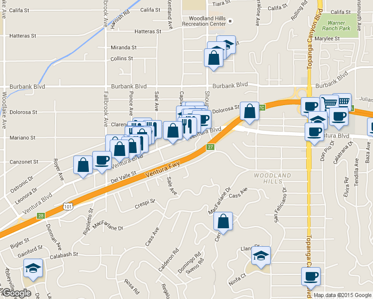 map of restaurants, bars, coffee shops, grocery stores, and more near 22423 Del Valle Street in Los Angeles