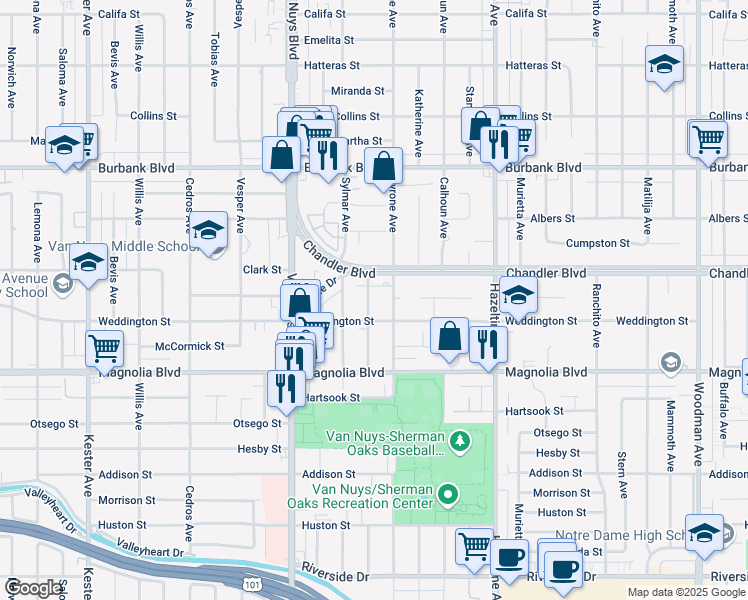 map of restaurants, bars, coffee shops, grocery stores, and more near 5326 Lennox Avenue in Los Angeles