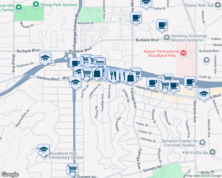 map of restaurants, bars, coffee shops, grocery stores, and more near 5358 Baza Avenue in Los Angeles