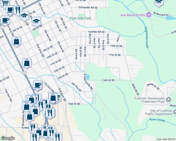 map of restaurants, bars, coffee shops, grocery stores, and more near 1333 13th Street Southeast in Cullman