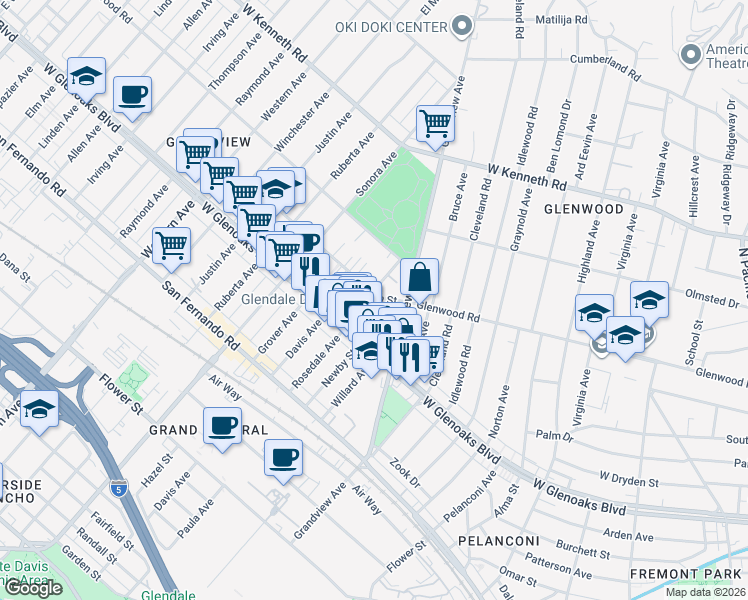 map of restaurants, bars, coffee shops, grocery stores, and more near 1312 5th Street in Glendale