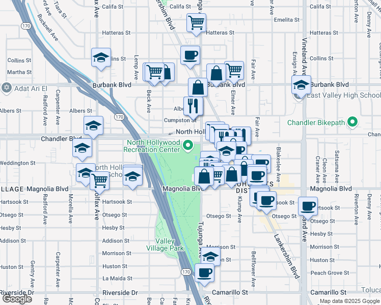 map of restaurants, bars, coffee shops, grocery stores, and more near 11430 Chandler Boulevard in Los Angeles